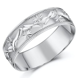 9ct White Gold Star Wave Design Wedding Ring
