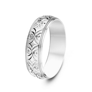 9ct White Gold Diamond Cut Patterned Wedding Ring
