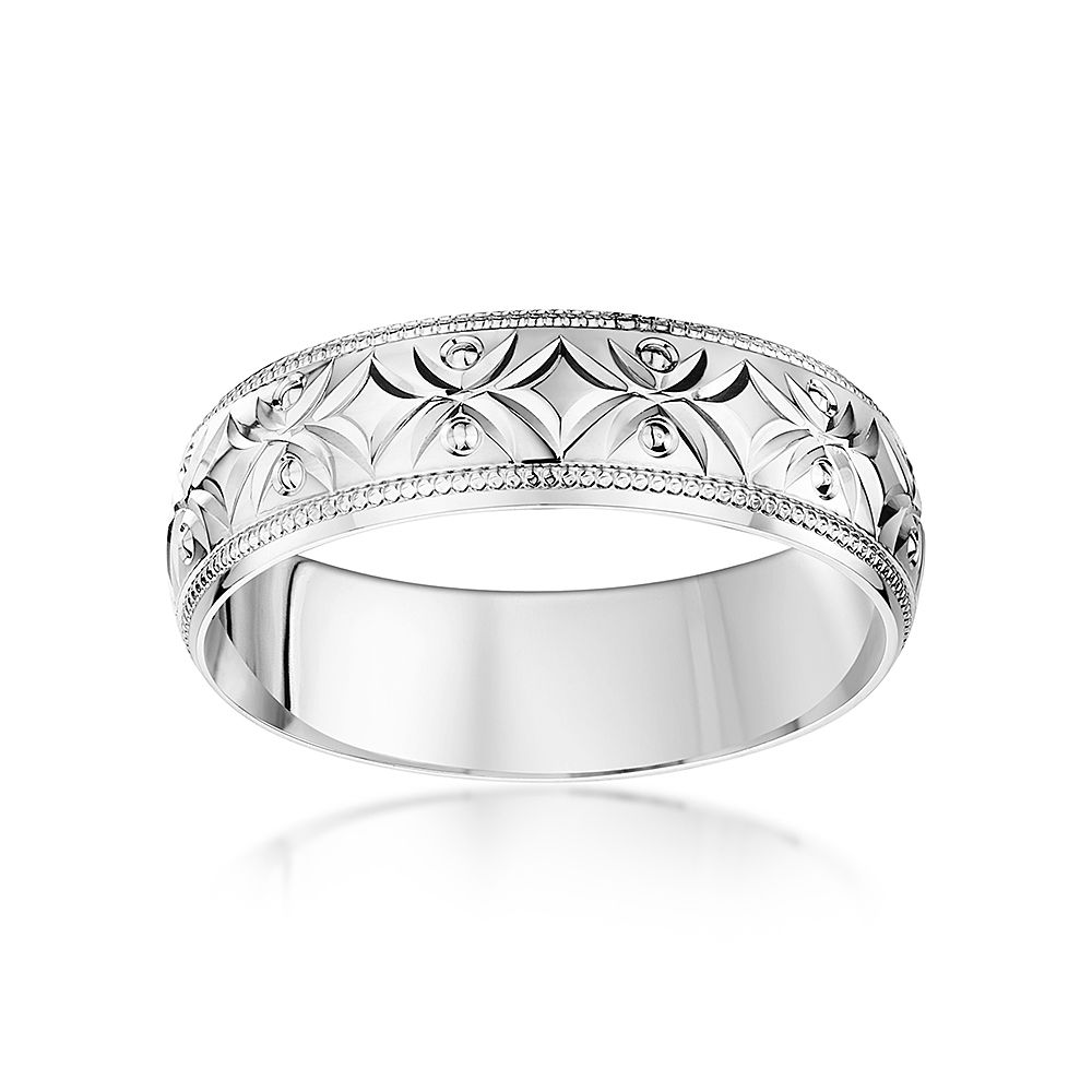 9ct White Gold Diamond Cut Patterned Wedding Ring - Image 2