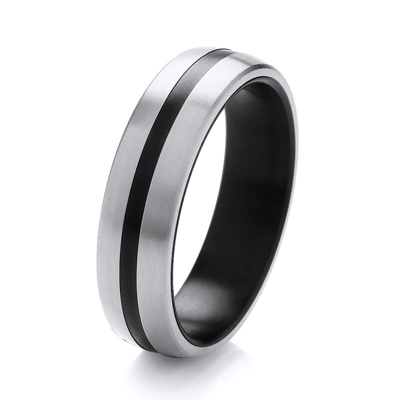 Titanium Court Black with Silver Colour Sides Inlay 6mm Ring